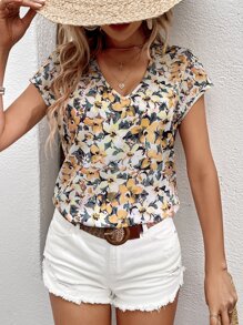 SHEIN LUNE Blusa con estampado floral de manga murciélago - Multicolor - Ver 7