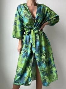 Kimono Nữ Thắt lưng Nhiệt đới - màu xanh lá - Xem 2