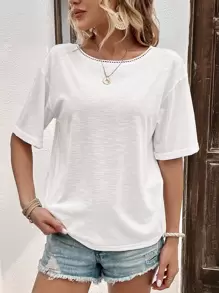 SHEIN LUNE 素色落肩T恤 - 白色 - 查看 6