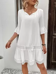 SHEIN LUNE Contrast Guipure Lace Flounce Sleeve Ruffle Hem Smock Dress - White - View 1