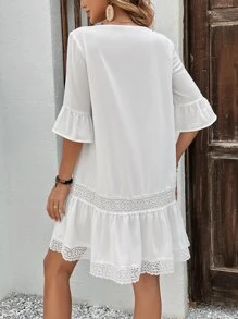 SHEIN LUNE Contrast Guipure Lace Flounce Sleeve Ruffle Hem Smock Dress - White - View 2