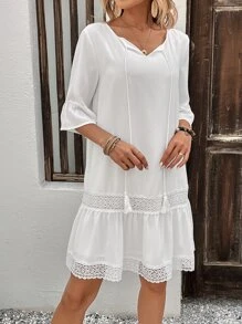 SHEIN LUNE Contrast Guipure Lace Flounce Sleeve Ruffle Hem Smock Dress - White - View 5