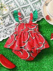 Bebé Vestido body con estampado de sandía con lazo delantero ribete con fruncido - Rojo - Ver 2