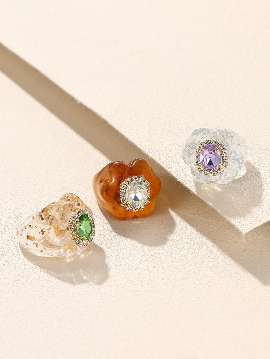 3入組水鑽裝飾戒指 - 彩色 - 查看 1