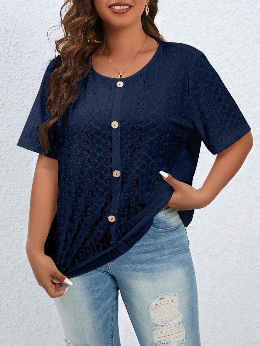 SHEIN LUNE Áo thun Plus size Nút phía trước Tranh thêu màu trơn Giải trí - Màu xanh hải quân - Xem 1