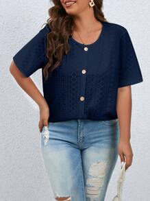 SHEIN LUNE Áo thun Plus size Nút phía trước Tranh thêu màu trơn Giải trí - Màu xanh hải quân - Xem 4