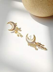 Rhinestone Moon & Star Decor Drop Earrings - Yellow Gold - View 4