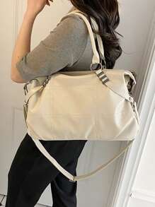 Minimalist Top Handle Bag Double Handle Stitch Detail - Beige - View 1