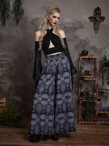 ROMWE Goth 滿版印花闊腿褲 - 彩色 - 查看 5