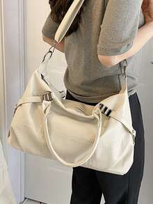 Minimalist Top Handle Bag Double Handle Stitch Detail - Beige - View 2