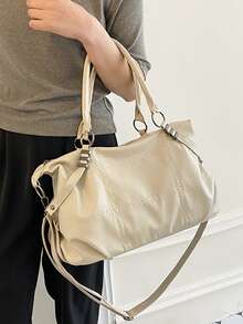 Minimalist Top Handle Bag Double Handle Stitch Detail - Beige - View 4