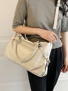 Minimalist Top Handle Bag Double Handle Stitch Detail - Beige - View 7
