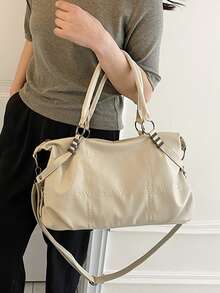 Minimalist Top Handle Bag Double Handle Stitch Detail - Beige - View 8