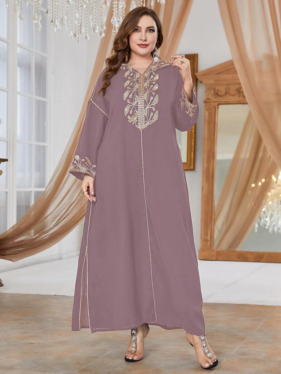 Al Najma 大碼圖案刺繡連帽拼接滾邊阿拉伯連衣裙 - 粉色 - 查看 1