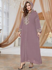 Al Najma 大碼圖案刺繡連帽拼接滾邊阿拉伯連衣裙 - 粉色 - 查看 3