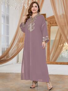 Al Najma 大碼圖案刺繡連帽拼接滾邊阿拉伯連衣裙 - 粉色 - 查看 4