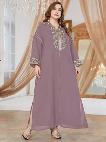 Al Najma 大碼圖案刺繡連帽拼接滾邊阿拉伯連衣裙 - 粉色 - 查看 5