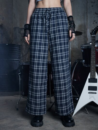 Plaid Print Drawstring Waist Pants