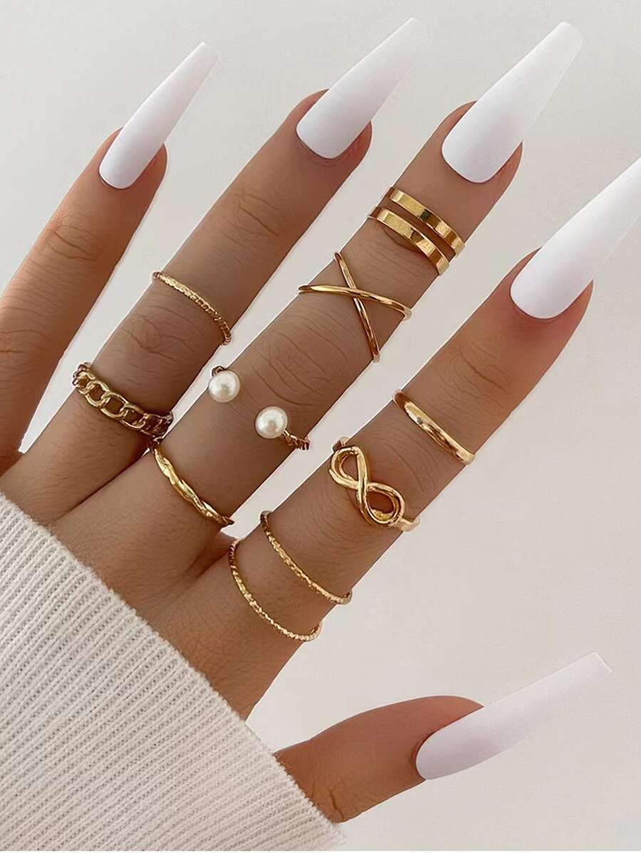 9 cái/bộ Nhẫn trang trí ngọc trai giả - Vàng - Xem 1