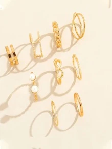 9 cái/bộ Nhẫn trang trí ngọc trai giả - Vàng - Xem 2