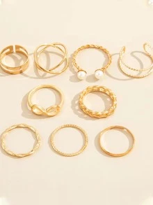 9 cái/bộ Nhẫn trang trí ngọc trai giả - Vàng - Xem 4