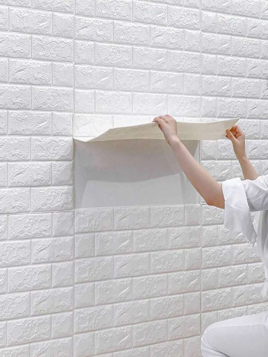 Panel de pared 3D con patrón de ladrillo de 5 piezas, pegatina de azulejo de pared blanca para decoración del hogar - Blanco - View 1