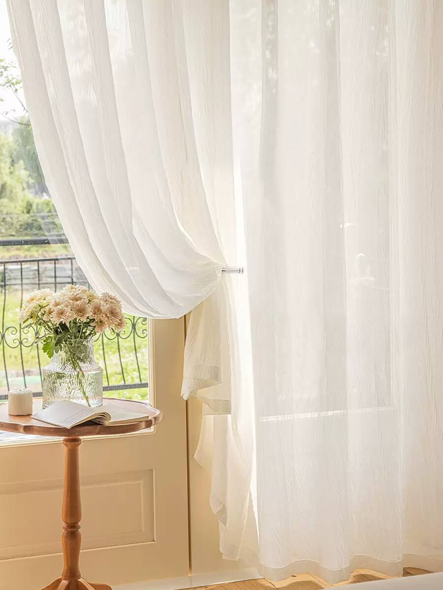 Solid Color Single Panel Sheer Curtain, White Simple Curtain For Living Room