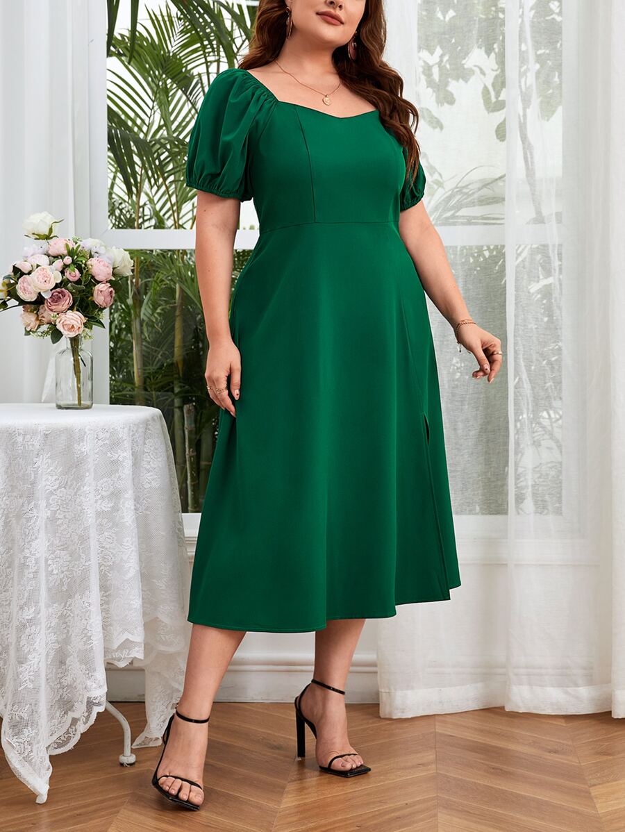 SHEIN Privé 大碼雞心領口泡泡袖洋裝 - 墨綠色 - 查看 1