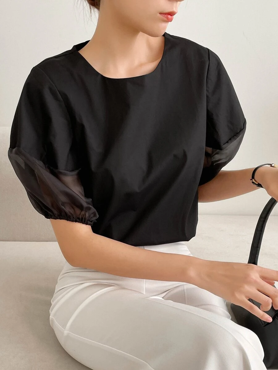 FRIFUL Women's Lantern Sleeve Shirt - Black - View 1