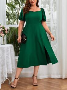 SHEIN Privé 大碼雞心領口泡泡袖洋裝 - 墨綠色 - 查看 5