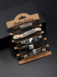 Fashionable And Popular 6pcs/set Men Yin & Yang Decor Bracelet For Jewelry Gift And For A Stylish Look - Black - View 1