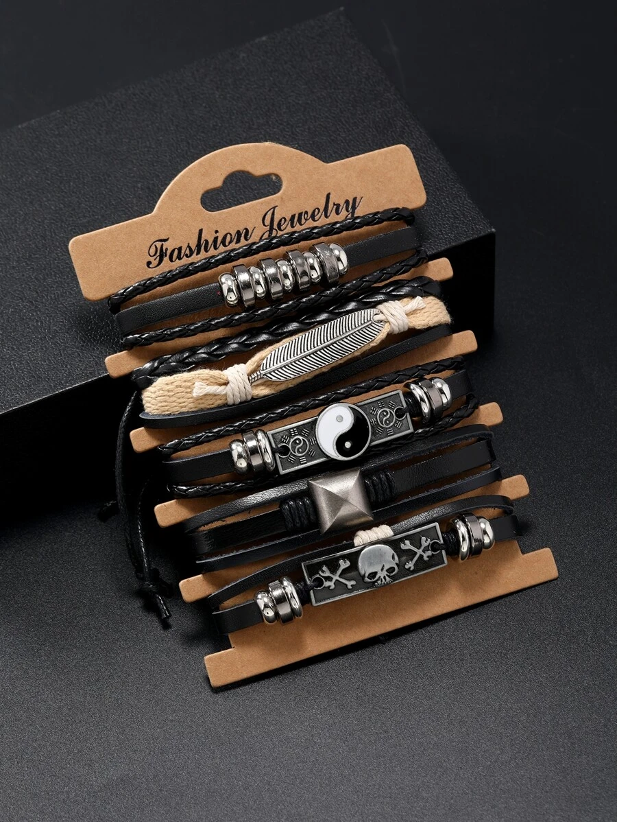 Fashionable And Popular 6pcs/set Men Yin & Yang Decor Bracelet For Jewelry Gift And For A Stylish Look - Black - View 1