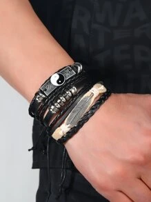 Fashionable And Popular 6pcs/set Men Yin & Yang Decor Bracelet For Jewelry Gift And For A Stylish Look - Black - View 2