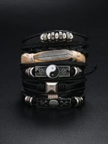 Fashionable And Popular 6pcs/set Men Yin & Yang Decor Bracelet For Jewelry Gift And For A Stylish Look - Black - View 3