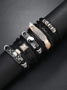 Fashionable And Popular 6pcs/set Men Yin & Yang Decor Bracelet For Jewelry Gift And For A Stylish Look - Black - View 5