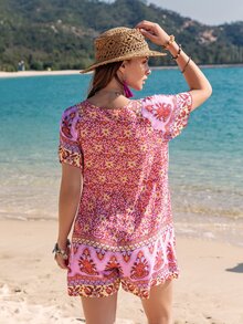 Rusttydustty Women's Purple Deep V-Neck Bow Tie Sleeveless Jumpsuit, Modern Bohemian Style, Natural Casual Vintage Print, Suitable For , Tropical Holiday, Beach Picnic, Music Festival, Tropical Vacation, Etc. - Pink - View 2