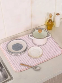 1pc Plain Dish Drying Mat, Pink Draining Mat For Kitchen - Pink - View 1