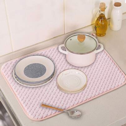 1pc Plain Dish Drying Mat, Pink Draining Mat For Kitchen