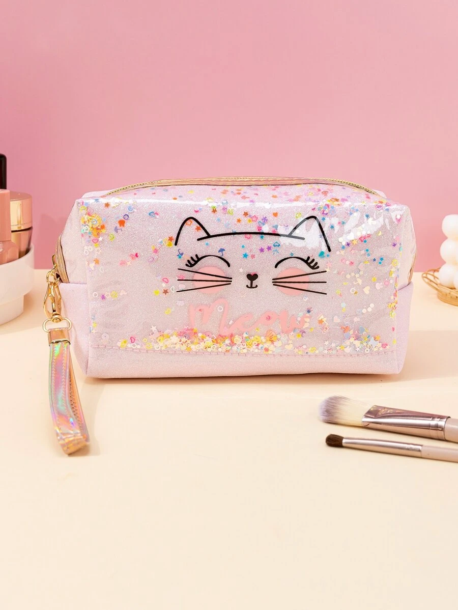 1 bolsa de maquillaje octogonal para mujer con adorno en forma de gato en polvo dorado para joyería, teléfono y almacenamiento de dinero - Multicolor - Ver 1