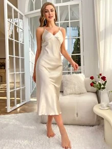 Lace Up Backless Satin Cami Nightdress - Champagne - View 4