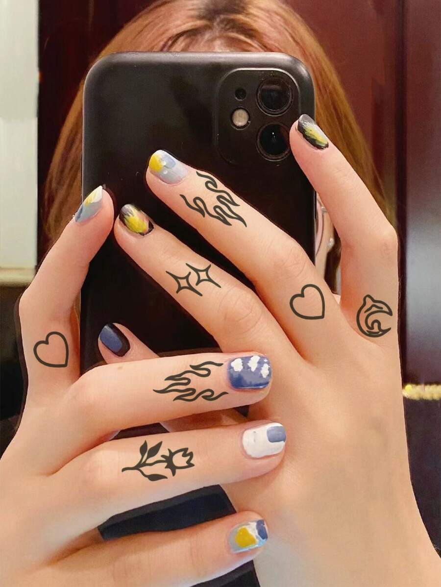 3張花和愛心圖案紋身貼紙 - 彩色 - 查看 1