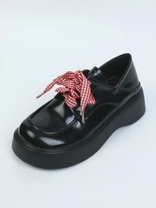 1pair Gingham Pattern Shoelaces, Red Polyester Cute Accessories For Sneakers - Multicolor - View 3