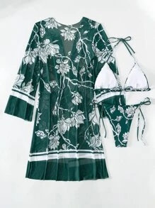 熱帶印花三角型頸帶夏日沙灘比基尼套裝與和服 - 墨綠色 - 查看 2