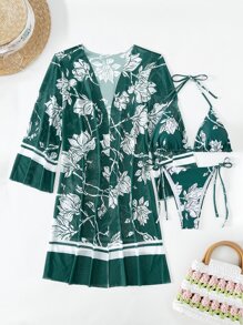 熱帶印花三角型頸帶夏日沙灘比基尼套裝與和服 - 墨綠色 - 查看 5