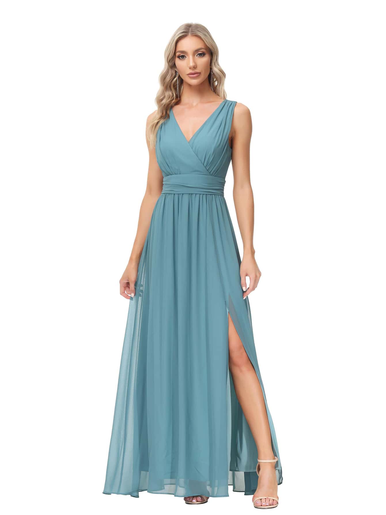 Double V-Neck Chiffon Bridesmaid Dress Elegant Dress - Dusty Blue - View 1