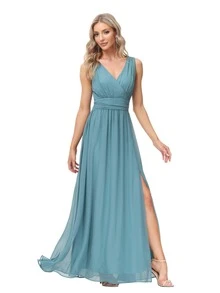 Double V-Neck Chiffon Bridesmaid Dress Elegant Dress - Dusty Blue - View 3
