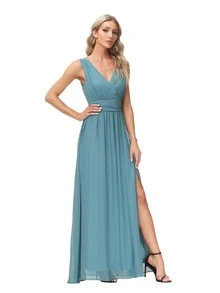 Double V-Neck Chiffon Bridesmaid Dress Elegant Dress - Dusty Blue - View 4