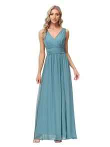 Double V-Neck Chiffon Bridesmaid Dress Elegant Dress - Dusty Blue - View 5