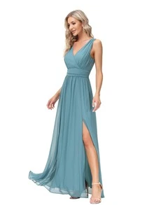 Double V-Neck Chiffon Bridesmaid Dress Elegant Dress - Dusty Blue - View 7