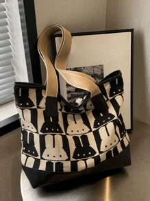 Cartoon Graphic Shoulder Tote Bag Small Cute - Black and White - View 1